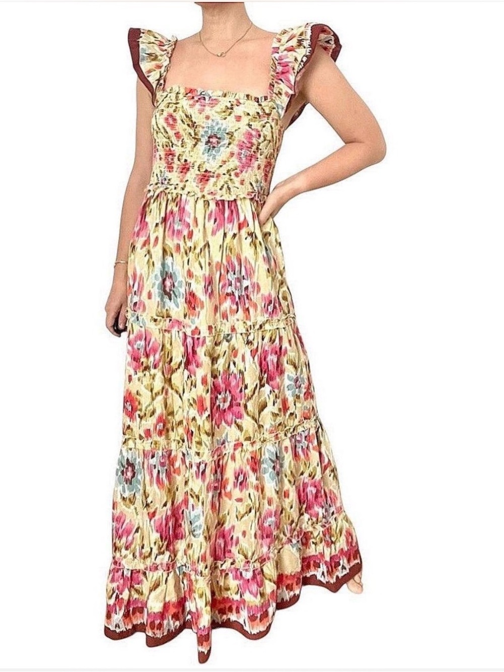 House Of Harlow 1960 Zoey Maxi Dress Medium Floral Smocked Ruffle Tiered